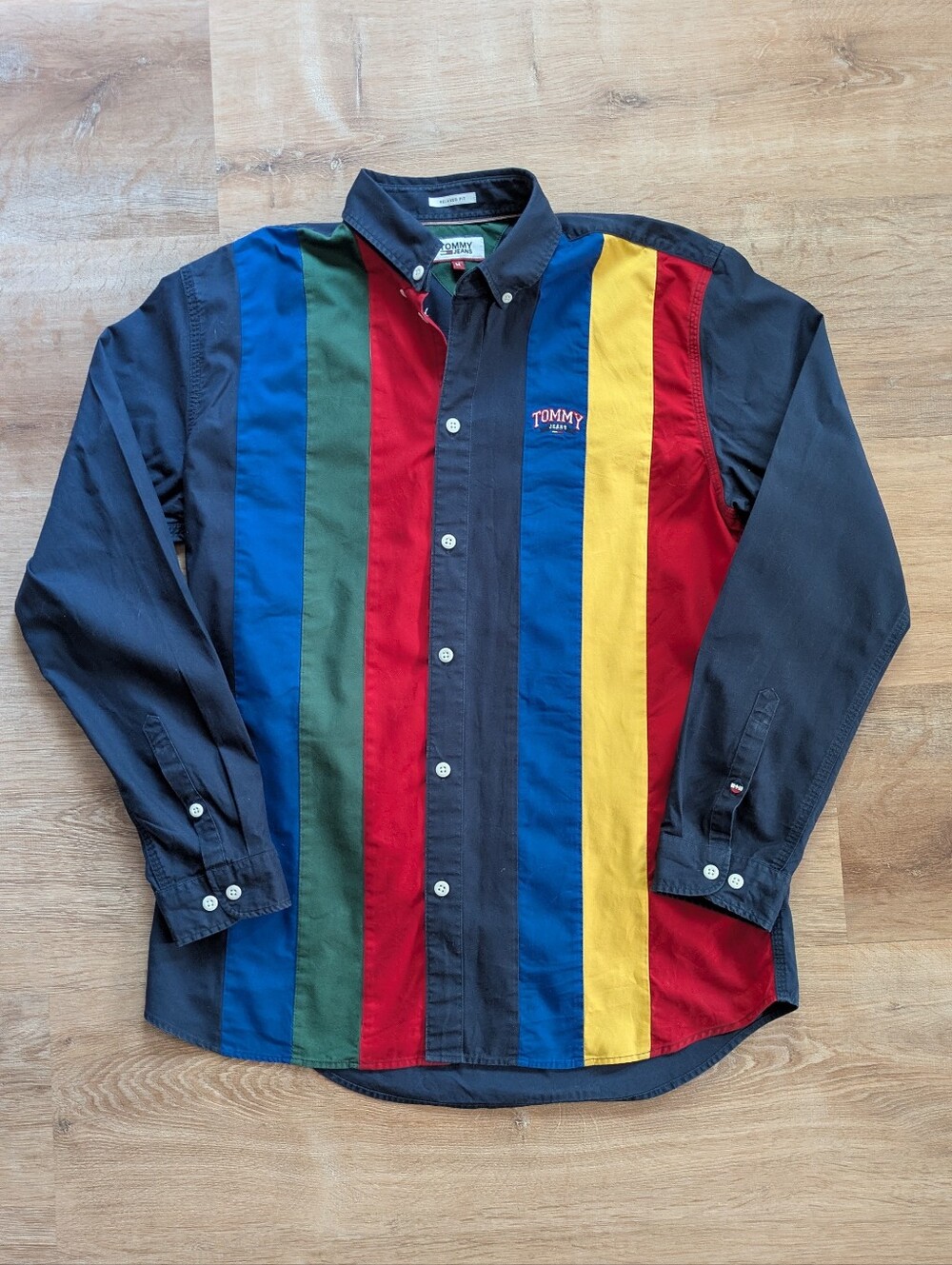 Vintage Tommy Hilfiger Navy Button-Down Color Blocked Striped Shirt